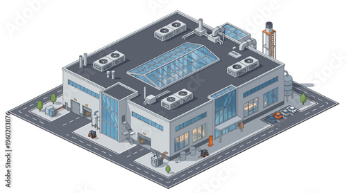Industrial building with air conditioning units and solar panels on the roof, featuring large windows and vehicle parking