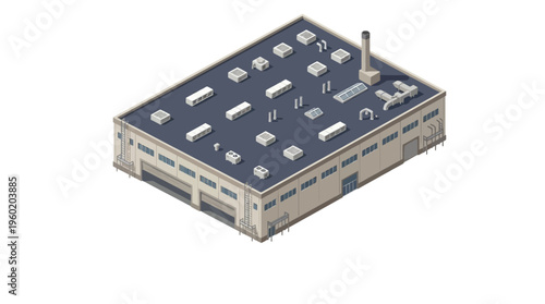 Isometric factory building with smokestack, a commercial and industrial structure
