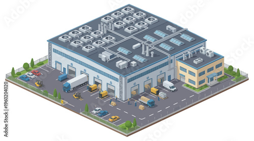 Isometric view of a modern industrial warehouse with loading docks, delivery trucks, forklifts, and a parking lot