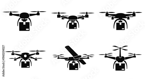 Vector illustration of set of delivery drones carrying cardboard boxes