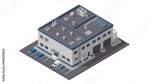 Modern industrial warehouse building with solar panels and vehicles parked outside, isometric view