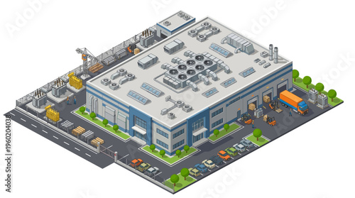 Isometric illustration of a modern industrial building with loading docks, forklifts, and delivery trucks, depicting logistics and manufacturing