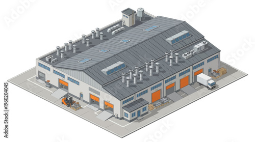 Isometric view of a modern industrial warehouse building with loading docks and vehicles, showcasing logistics and supply chain operations