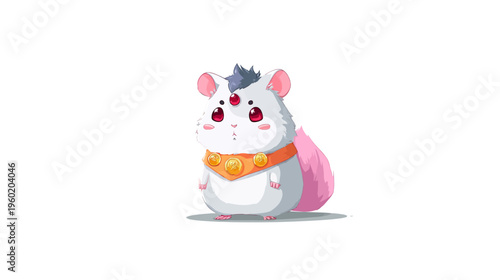 Adorable cartoon creature with white fur, three eyes, and a pink tail, in a cute stance