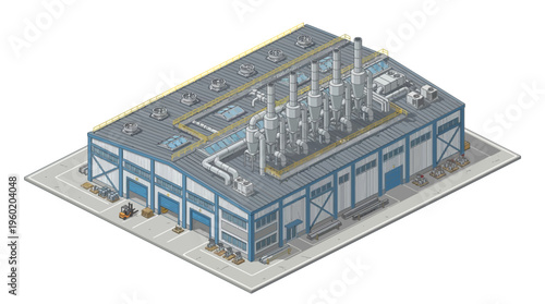 Isometric view of a modern industrial factory building with loading docks and forklifts, representing manufacturing and production processes