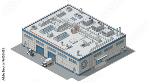 Isometric industrial building with loading docks and delivery vehicles, representing logistics and manufacturing