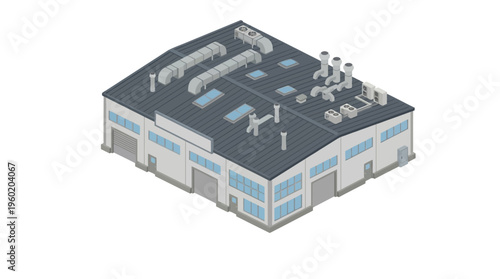 Industrial warehouse building with multiple loading docks and rooftop ventilation systems, depicted in an isometric illustration style