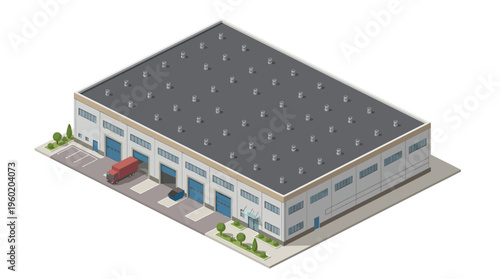 Isometric view of a modern industrial warehouse building with loading docks and a parked delivery truck, showcasing commercial real estate and logistics