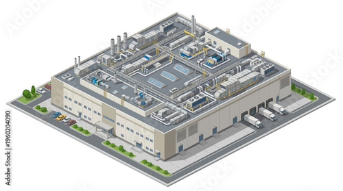 Isometric illustration of a modern industrial factory building with loading docks and a clean exterior, symbolizing manufacturing and production processes