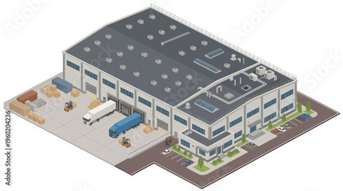 Isometric Industrial Warehouse Building with Trucks and Forklifts for Logistics and Supply Chain Operations