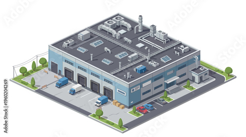 Isometric industrial building with loading docks and vehicles, representing logistics and manufacturing processes