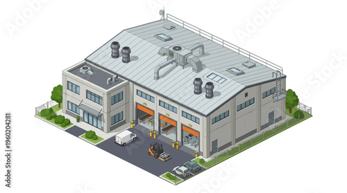 Isometric perspective of a modern industrial warehouse building with loading docks and a van for logistics and distribution operations