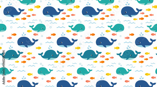 Repeating blue whale pattern with colorful accents on a white background, suitable for textiles and graphic design.