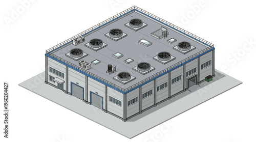 Isometric perspective of a commercial industrial building with multiple rooftop units and loading bay doors, representing facility management and logistics operations
