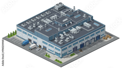 Isometric industrial building with loading docks and ventilation systems, illustrating logistics and manufacturing operations