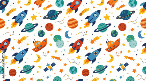 Colorful space doodle pattern featuring rockets planets and stars for design projects.