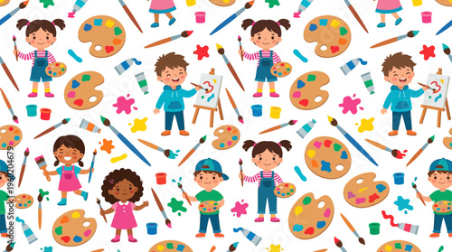 Group of children engaged in colorful painting activities during art class.