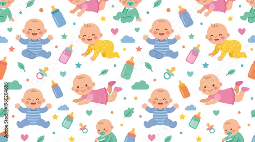 Whimsical Pattern of Playful Babies in Colorful Nursery Scene.