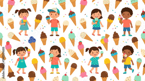 Playful children enjoying ice cream cones in a colorful party pattern illustration.
