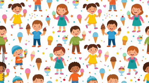 Group of diverse joyful children smiling and playing together in colorful outfits.