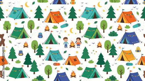 Colorful Camping Scene with Tents, Trees, and People Enjoying Outdoor Adventure.