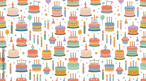 Colorful Birthday Cake Pattern with Candles and Sprinkles for Party Decor.