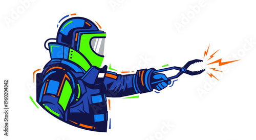 Astronaut in Space Suit Welding Metal.