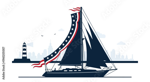 Sailing Boat with American Flag Sail.
