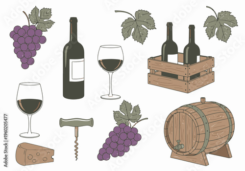 Wine Tasting Illustration Set with Grapes Bottles Barrel and Cheese Design Elements