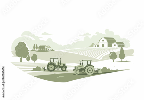 Agriculture Farm Landscape Illustration with Tractors and Barns Vector Design Element