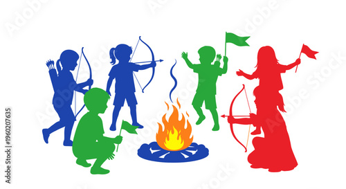 People Silhouettes Around Fire Circle.