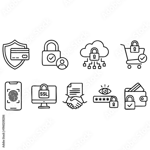 Comprehensive vector illustration showcasing digital security, privacy, and data protection icons for online transactions and information safety.