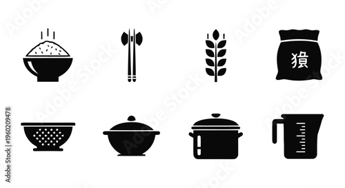 Vector illustration of set of cooking and kitchen icons, rice, chopsticks, wheat, flour bag, colander, bowl, pot, measuring cup