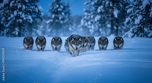 A pack of wolves walking through deep snow in a serene winter landscape
