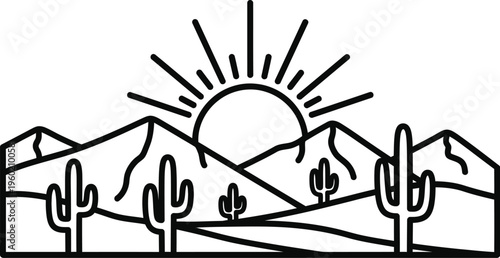 Desert sunset over mountains with cacti silhouette