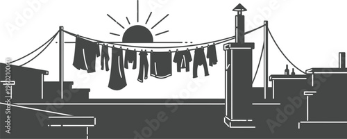 Vibrant urban sunsets silhouette with suspended laundry drying