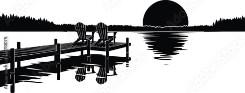 Serene sunset reflections on a tranquil lake with dock and silhouetted landscape