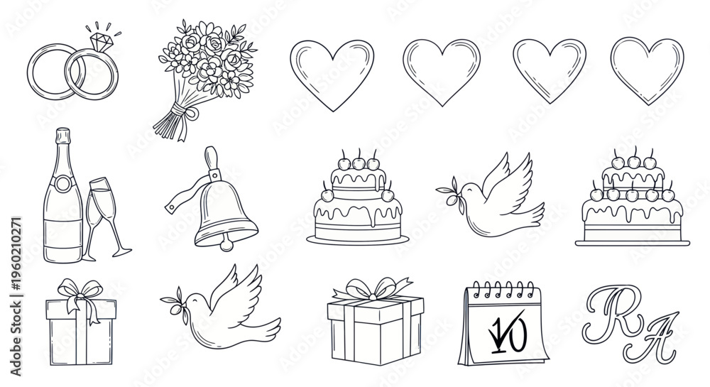 Fototapeta premium Wedding Icons Set: Rings, Bouquet, Hearts, Doves, Cakes, Gifts, Bell, Calendar, Champagne