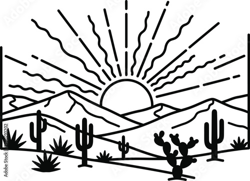 Desert sunset landscape with cacti and mountains
