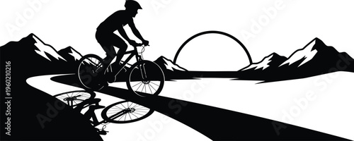 Cyclist riding into vibrant sunsets with majestic mountains