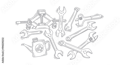 Funny Cartoon Tools: Wrenches, Jack, Oil Can with Happy Faces - Vector Illustration