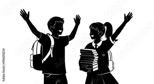 Happy Students Waving Hands with Backpacks and Books, Back to School