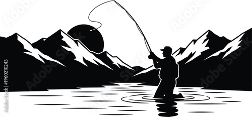 Serene mountain sunset fishing scene with majestic peaks and rippling water