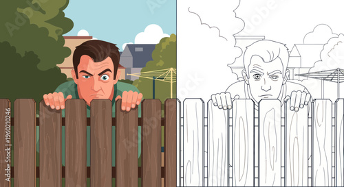Man Peeking Over Wooden Fence, Suspiciously Watching Neighbors