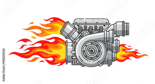 Turbocharged Engine with Flames Illustration - High Performance Power