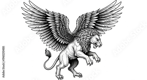 Mythological creature featuring a lion body and eagle head with massive outstretched wings rendered in detailed black and white illustration style.
