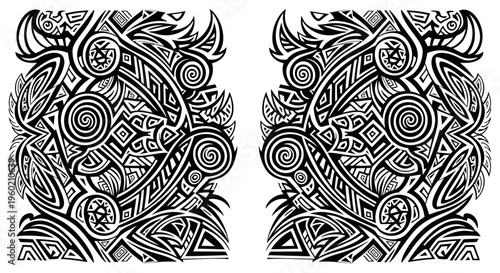 Abstract symmetrical tribal style pattern, black and white ornamental ethnic art design, intricate decorative motif