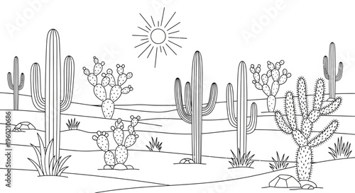 Black and White Line Art Illustration of Desert Landscape with Various Cacti and Sun. Arid Nature and Botanical Scene.