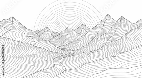 Minimalist Linear Mountain Landscape Illustration with Winding Path and Stylized Sun. Modern Outline Abstract Vector Art.