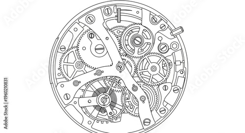 Intricate mechanical watch movement with gears and clockwork mechanism, detailed precision engineering line art illustration.